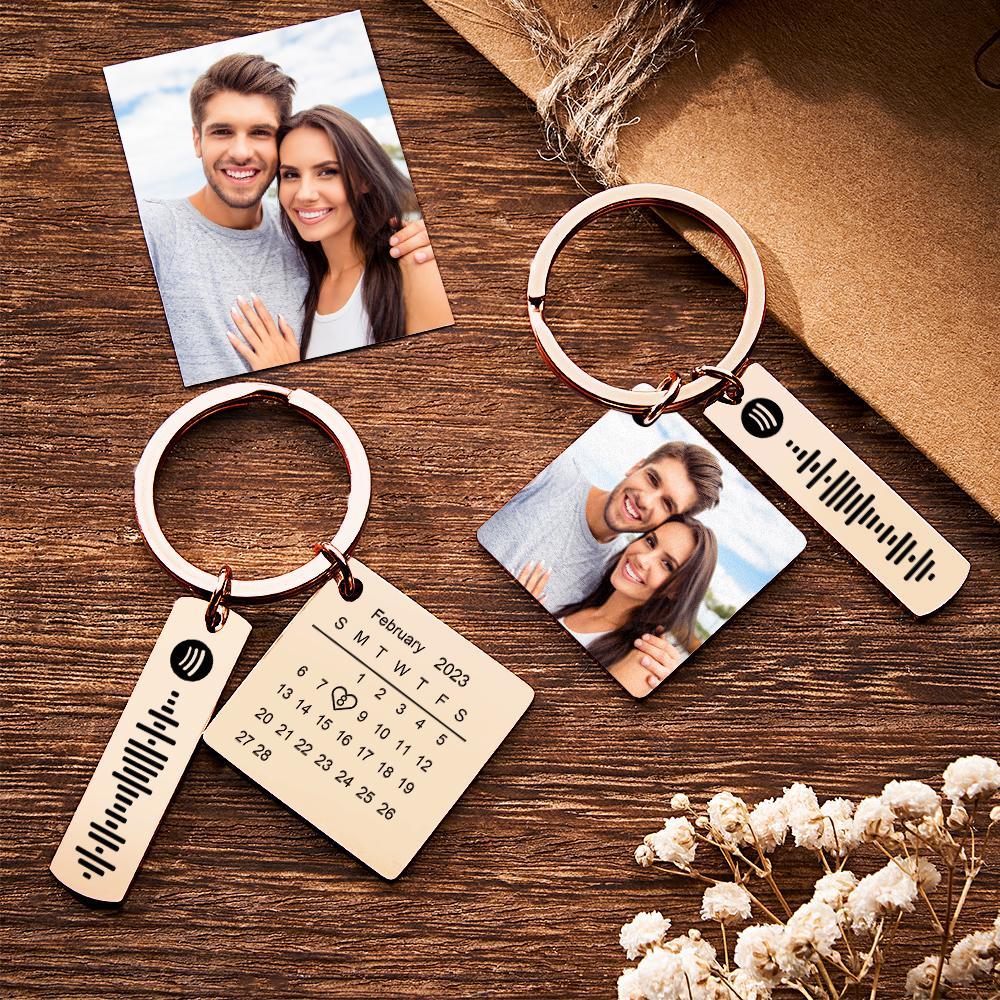 Personalized Calendar Keychain Special Day Significant Photo Heart Square Shape Music Code Metal Keychain Anniversary Gift - NameNecklace