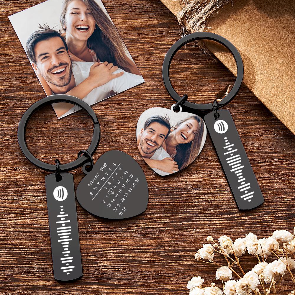 Personalized Calendar Keychain Special Day Significant Photo Heart Square Shape Music Code Metal Keychain Anniversary Gift - NameNecklace