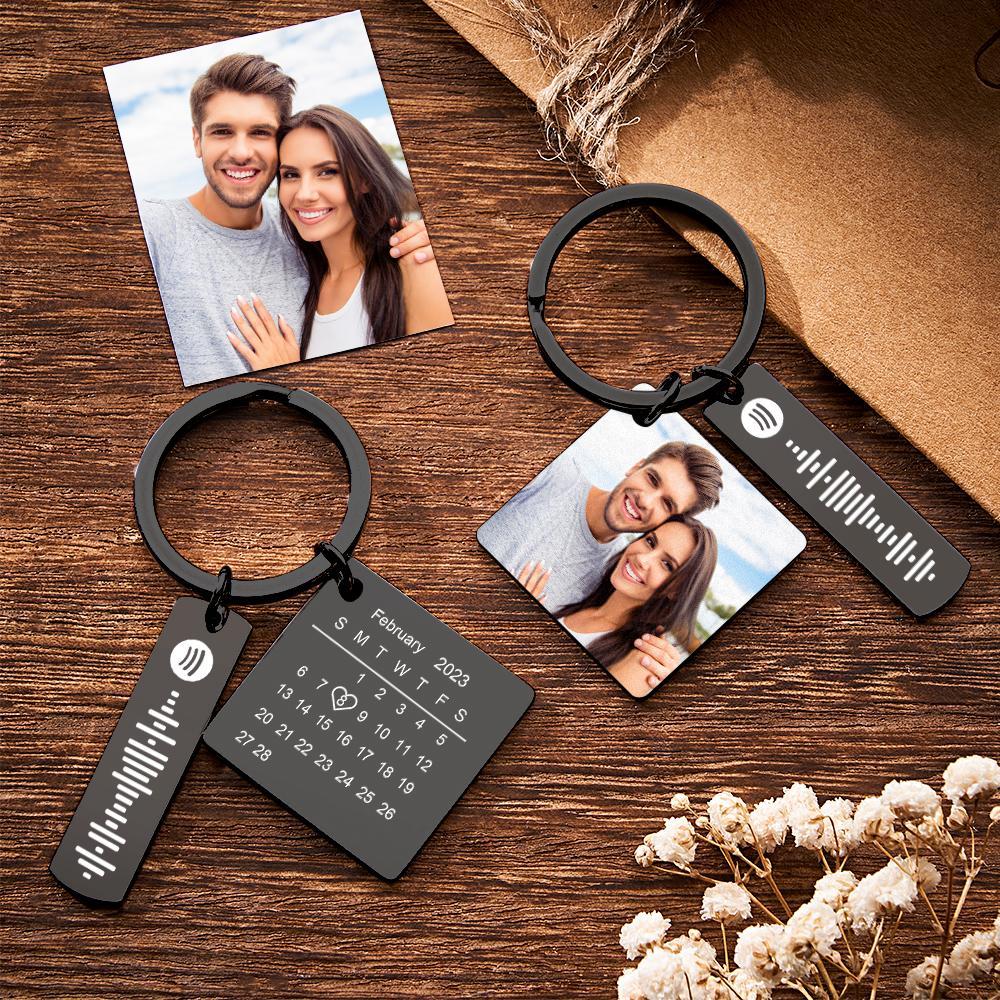 Personalized Calendar Keychain Special Day Significant Photo Heart Square Shape Music Code Metal Keychain Anniversary Gift - NameNecklace