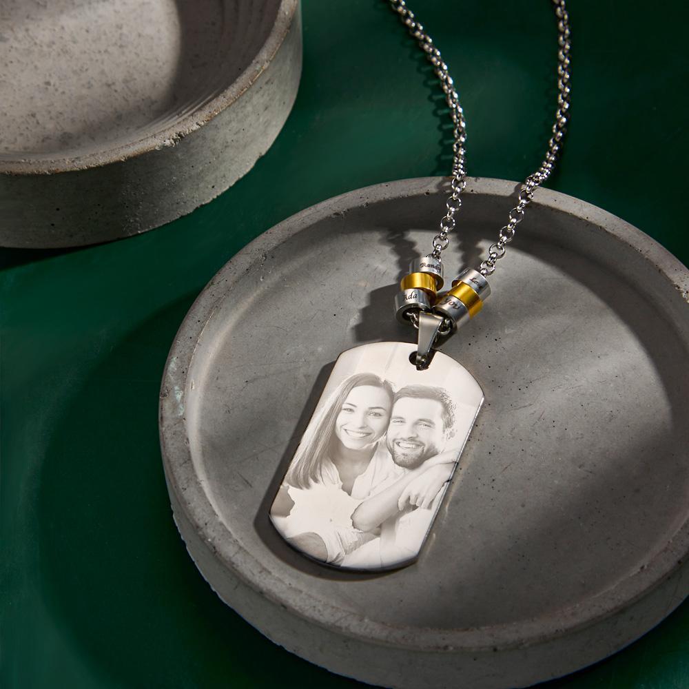 Personalized Square Photo Necklace With Engraved Beads Pendant Gifts For Lovers - NameNecklace