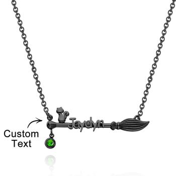 Broom And Cat Birthstone Necklace Personalized Name Necklace Gifts For Her - NameNecklace