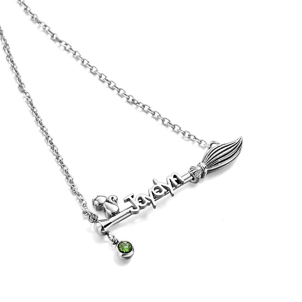 Broom And Cat Birthstone Necklace Personalized Name Necklace Gifts For Her - NameNecklace