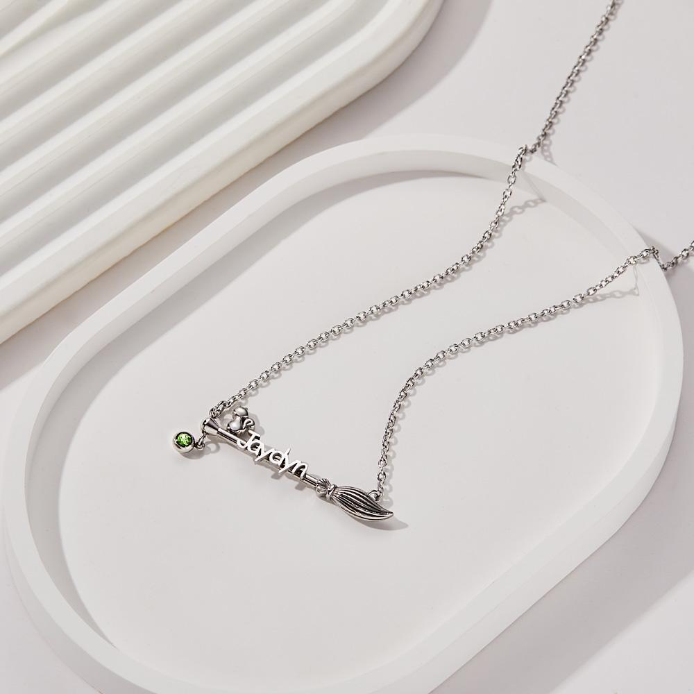 Broom And Cat Birthstone Necklace Personalized Name Necklace Gifts For Her - NameNecklace
