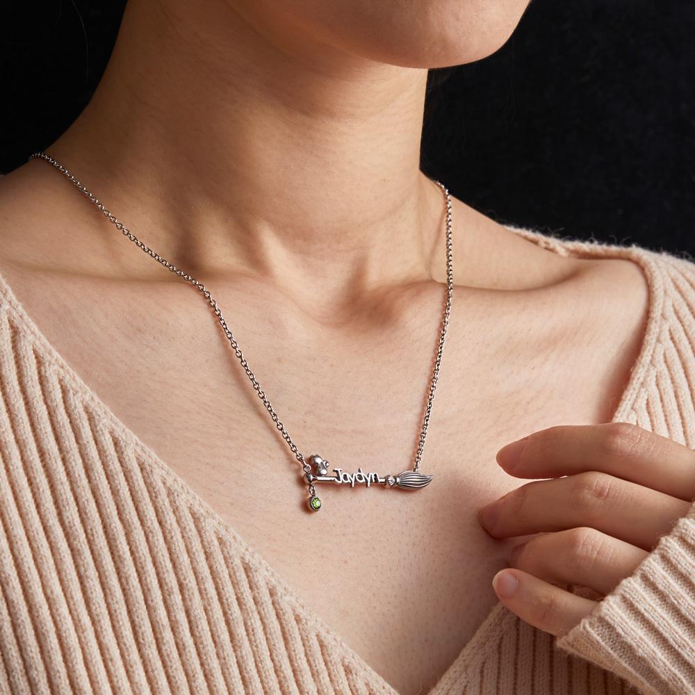 Broom And Cat Birthstone Necklace Personalized Name Necklace Gifts For Her - NameNecklace