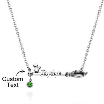 Broom And Cat Birthstone Necklace Personalized Name Necklace Gifts For Her - NameNecklace