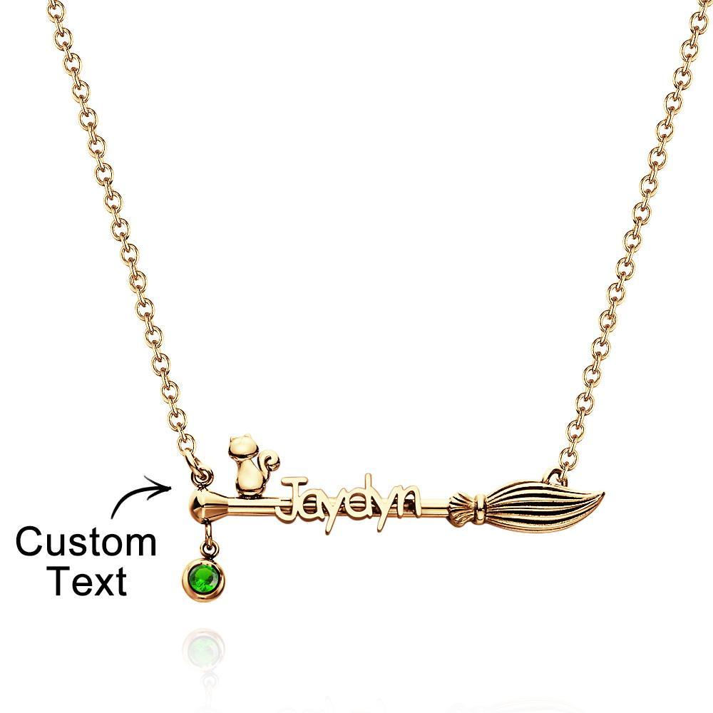 Broom And Cat Birthstone Necklace Personalized Name Necklace Gifts For Her - NameNecklace