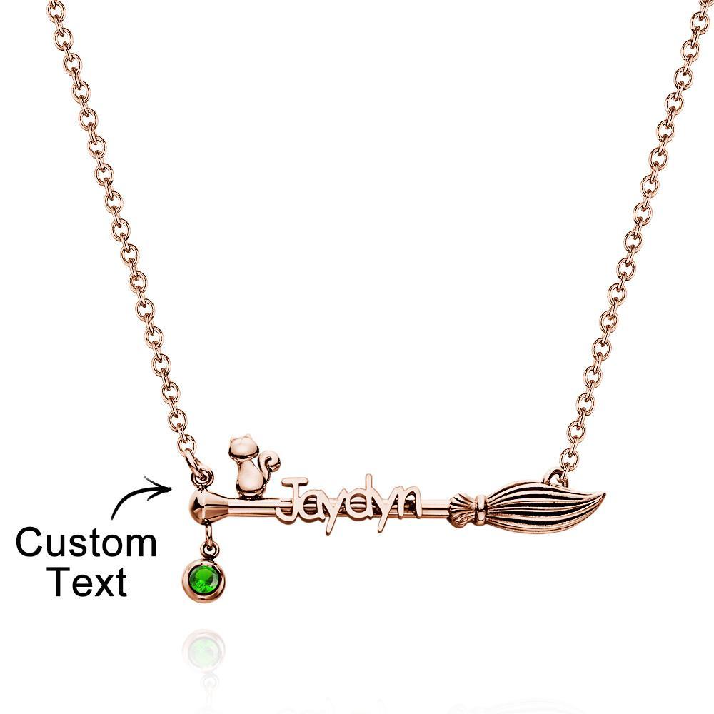 Broom And Cat Birthstone Necklace Personalized Name Necklace Gifts For Her - NameNecklace