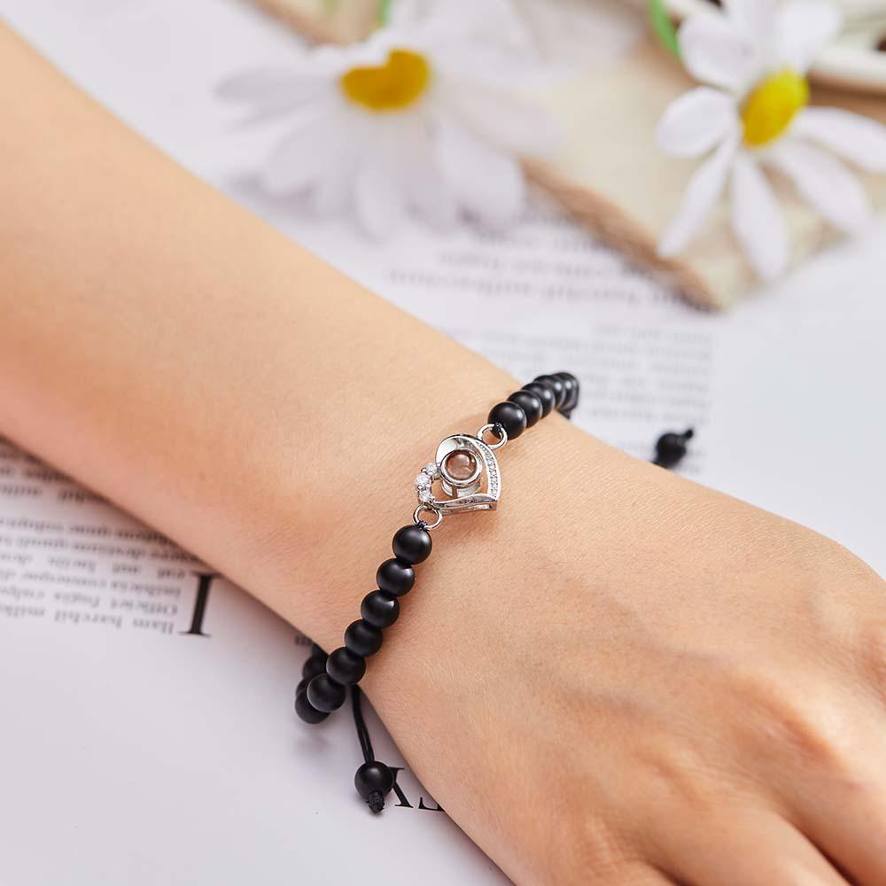 Personalized Photo Projection Beads Bracelet Heart-Shaped With Rhinestones Special Gift For Her - NameNecklace