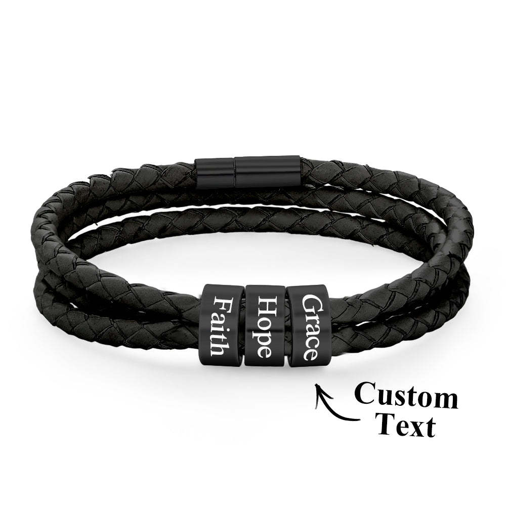 Men Braided Leather Bracelet with Small Custom Beads - NameNecklace