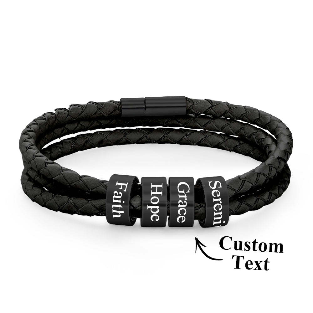 Men Braided Leather Bracelet with Small Custom Beads - NameNecklace