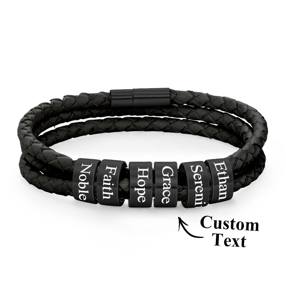 Men Braided Leather Bracelet with Small Custom Beads - NameNecklace