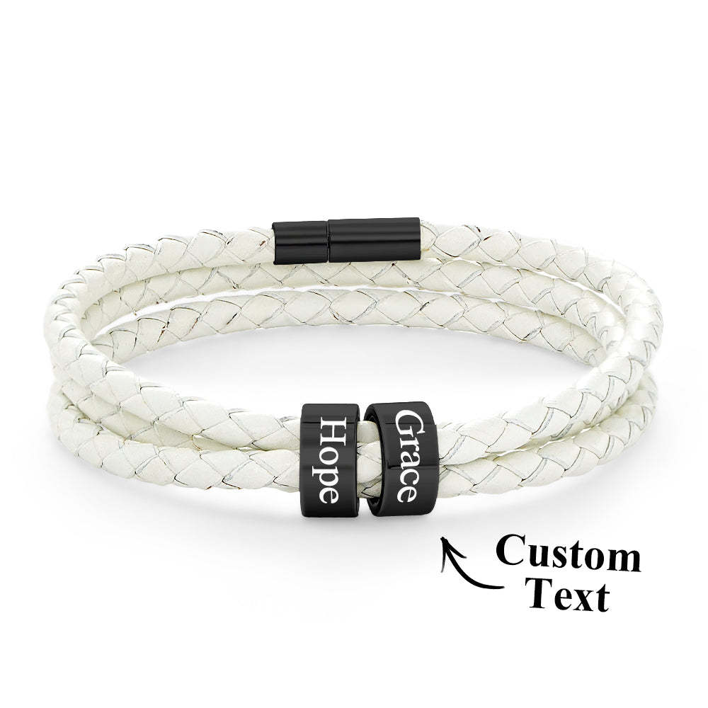Men Braided Leather Bracelet with Small Custom Beads - NameNecklace
