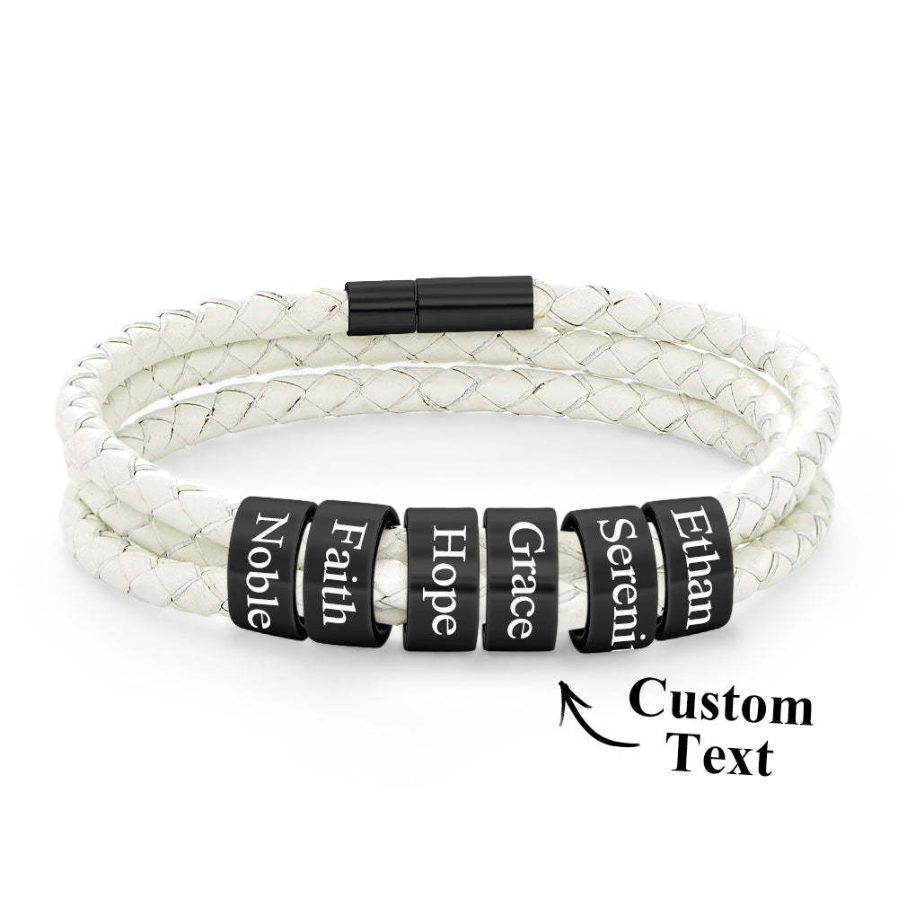 Men Braided Leather Bracelet with Small Custom Beads - NameNecklace