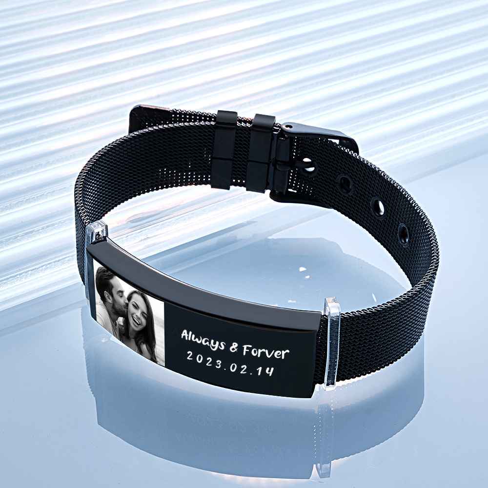 Personalized Photo Retractable Wide Bracelet Engraved Fashion Wide Bracelet For Men - NameNecklace