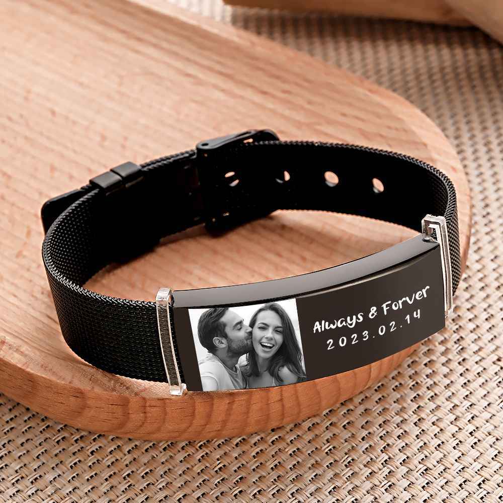 Personalized Photo Retractable Wide Bracelet Engraved Fashion Wide Bracelet For Men - NameNecklace