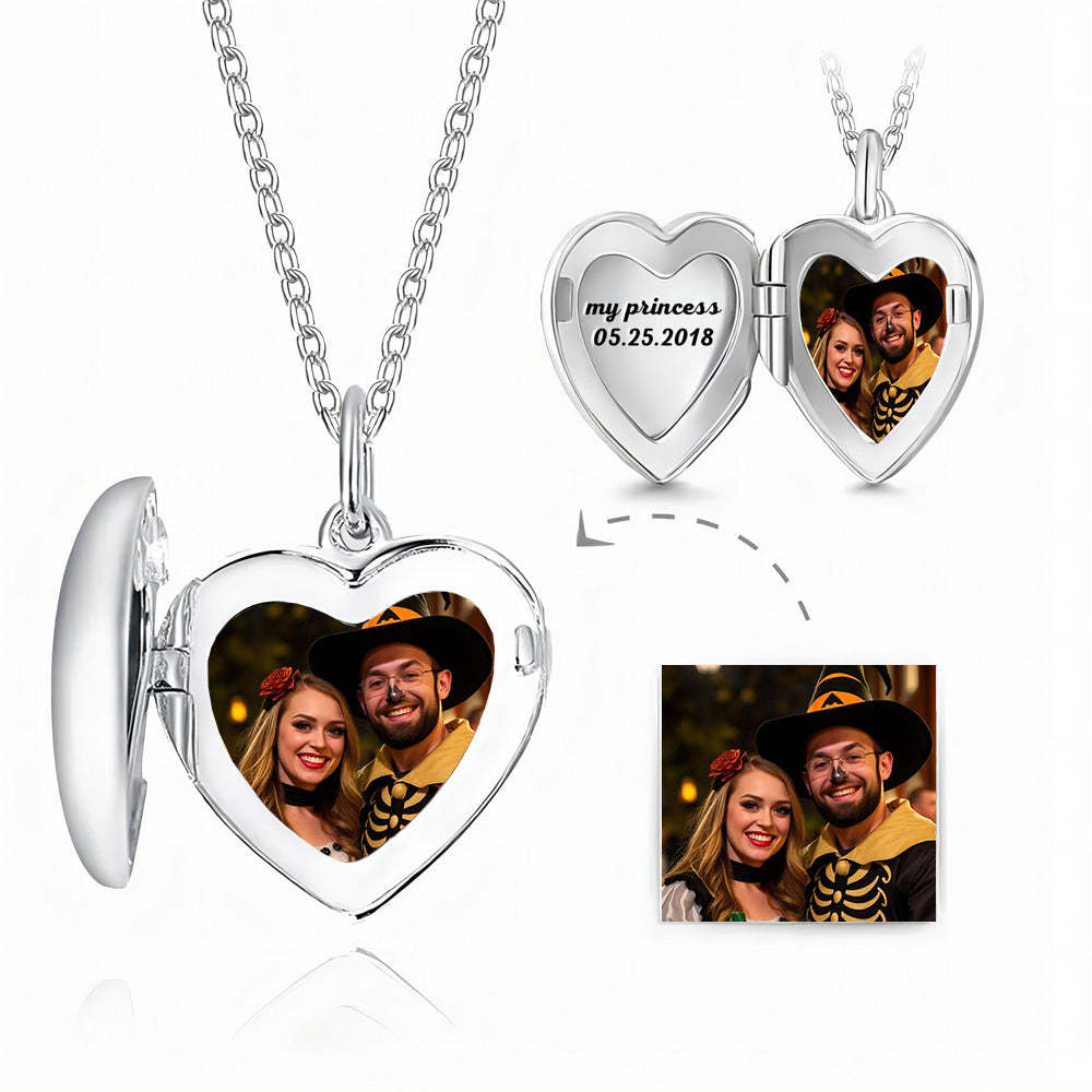 Engraved Heart Photo Locket Necklace Silver Tailored Halloween Gifts