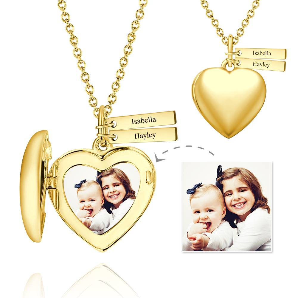 Personalized Heart Photo Locket Necklace With Engraving Name 14k Gold Plated For Mom