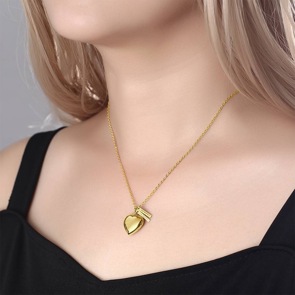Personalized Heart Photo Locket Necklace With Engraving Name 14k Gold Plated For Mom