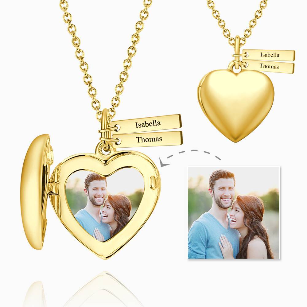 Personalized Heart Photo Locket Necklace With Engraving Name 14k Gold Plated For Mom