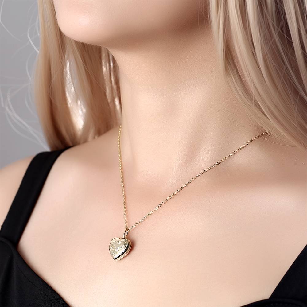 Embossed Printing Heart Photo Locket Necklace with Engraving 14k Gold Platedift Anniversary Gift For Her - NameNecklace