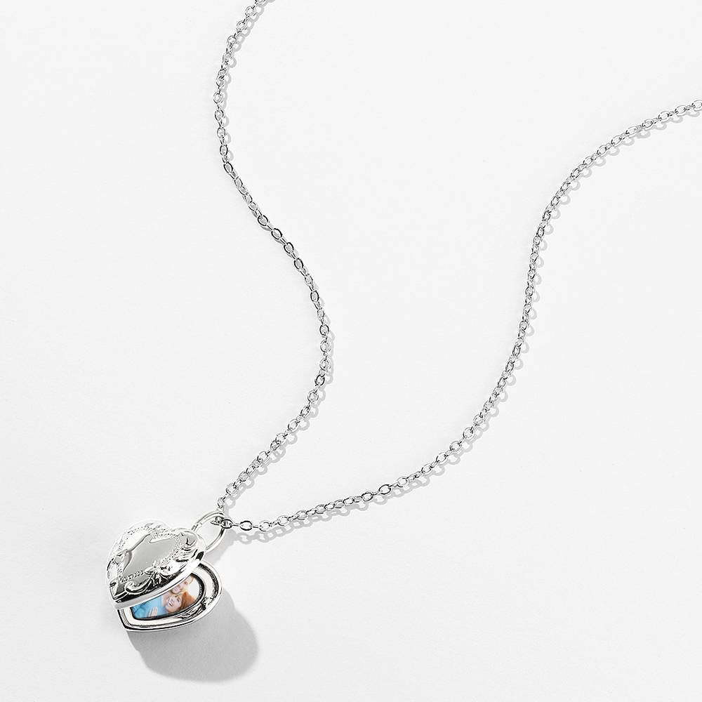 Embossed Heart Photo Locket Necklace With Engraving Platinum Plated