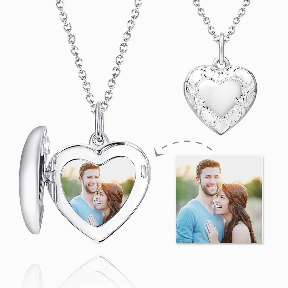 Embossed Heart Photo Locket Necklace With Engraving Platinum Plated