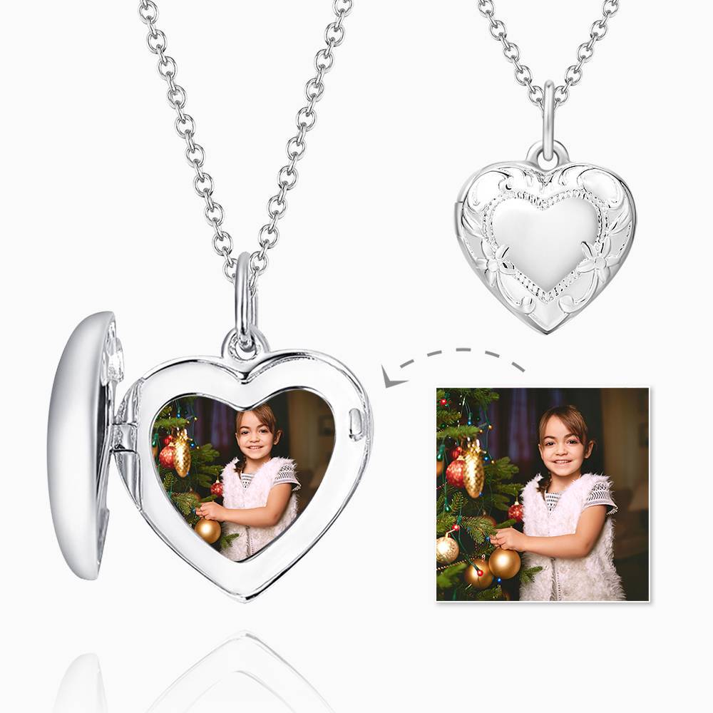 Embossed Heart Photo Locket Necklace With Engraving Platinum Plated