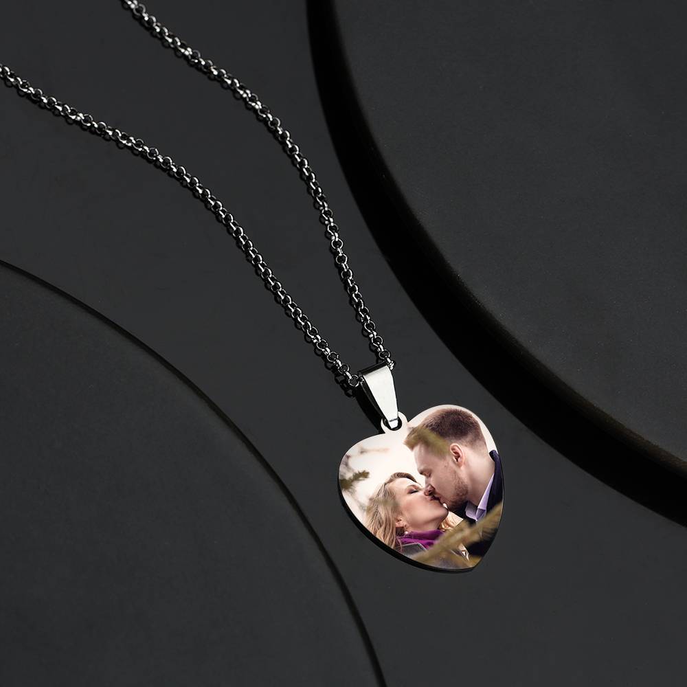 Stainless Steel Photo Heart Tag Necklace Engraved Pendant