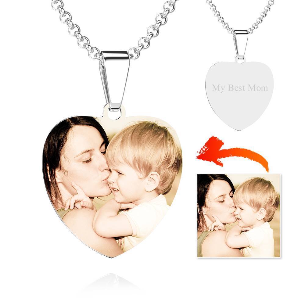 Stainless Steel Photo Heart Tag Necklace Engraved Pendant Valentine's Day Gift for Her