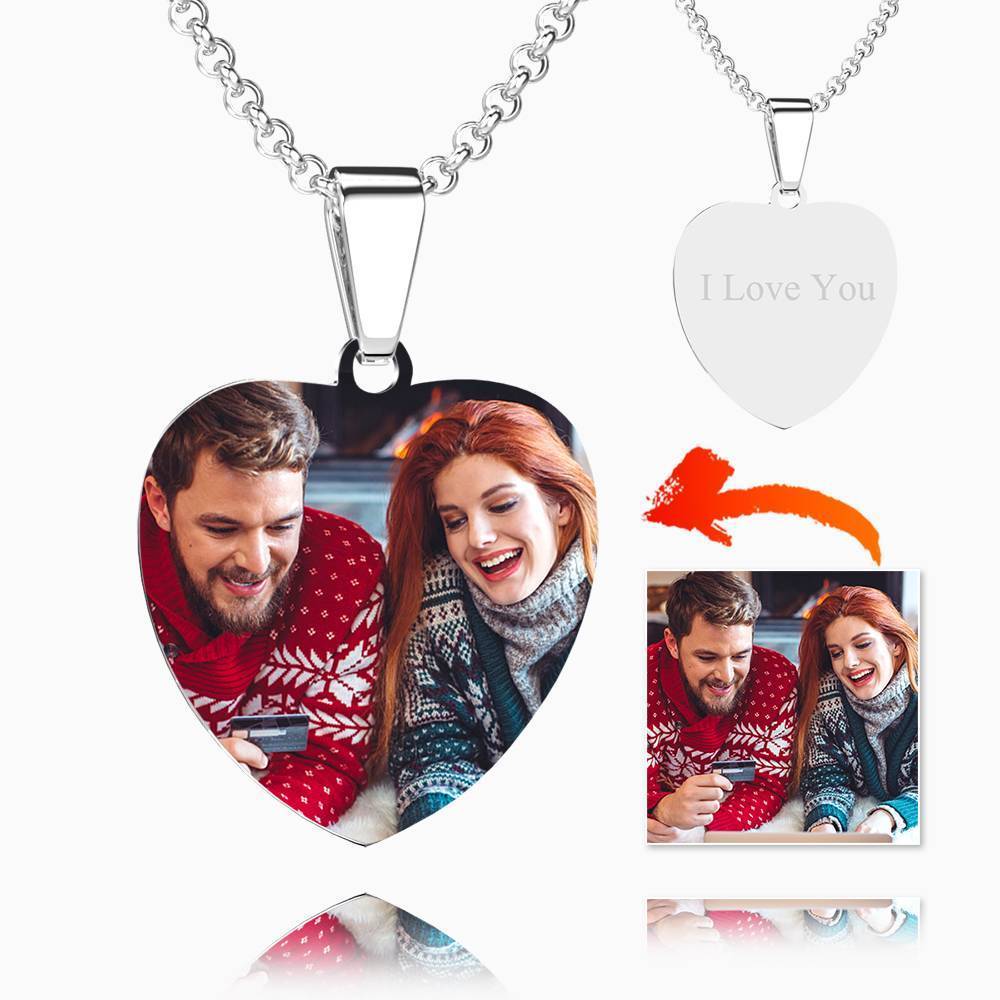 Stainless Steel Photo Heart Tag Necklace Engraved Pendant Valentine's Day Gift for Her