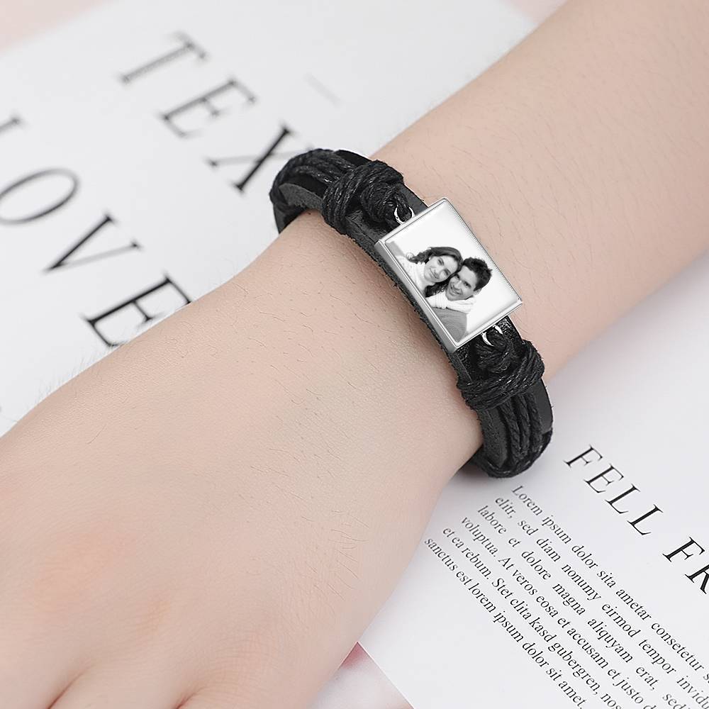 Photocopying Black Leather Square-shaped Photo Bracelet Silver Plated