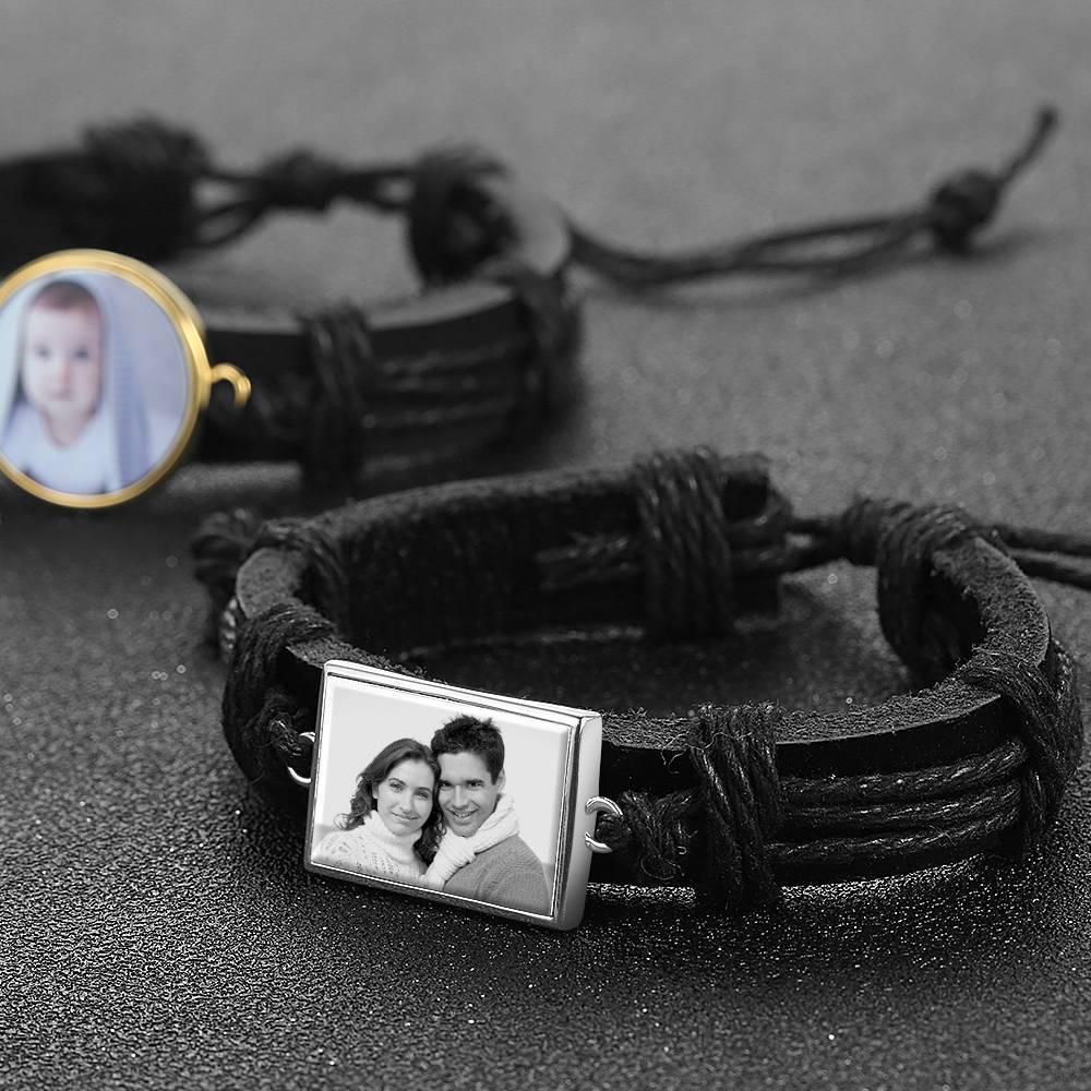 Photocopying Black Leather Square-shaped Photo Bracelet Silver Plated
