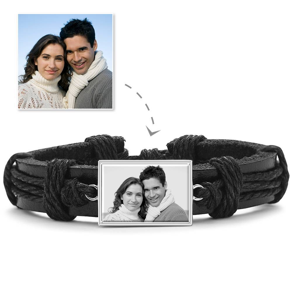 Photocopying Black Leather Square-shaped Photo Bracelet Silver Plated