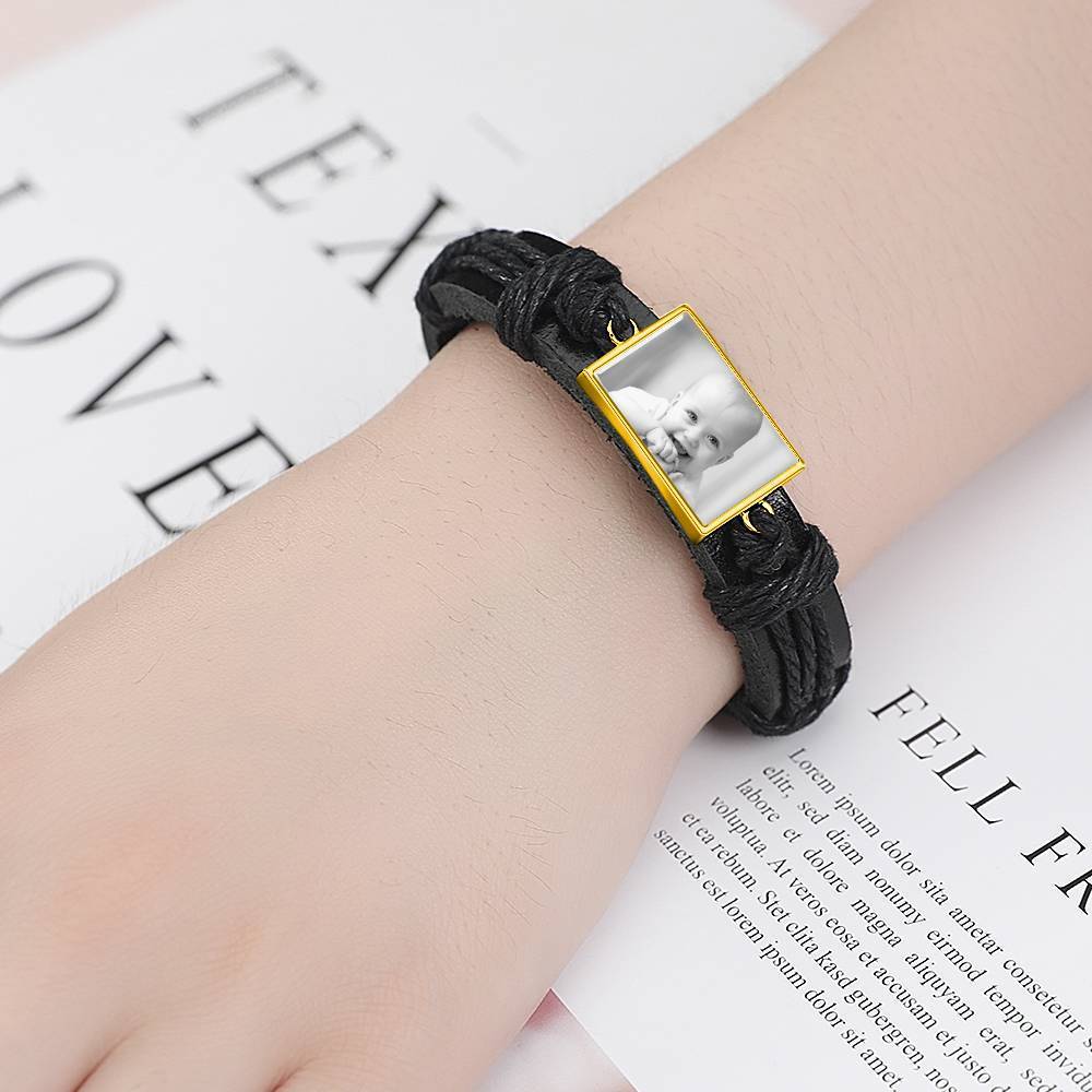 Photocopying Black Leather Square-shaped Photo Bracelet 14K Gold Plated