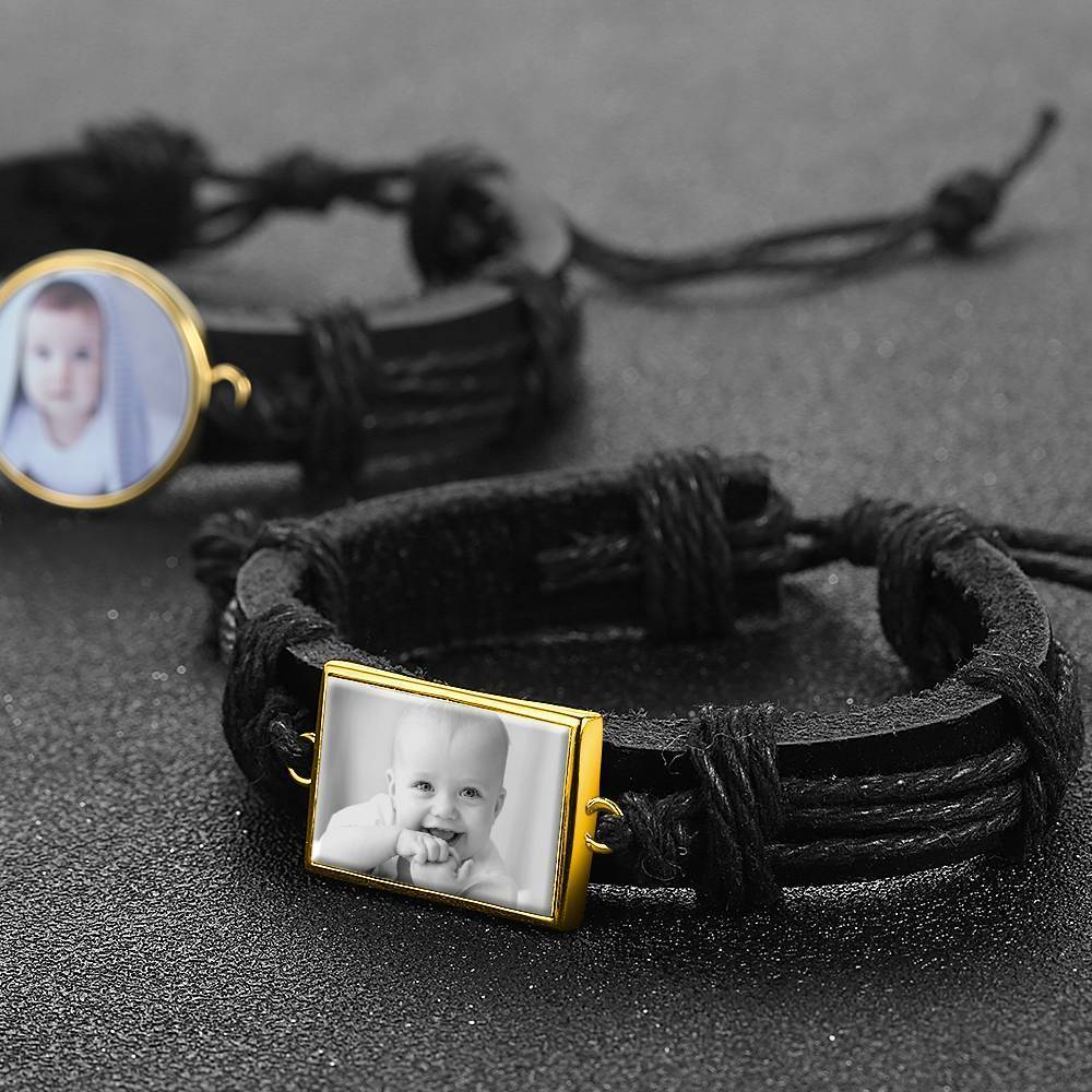 Photocopying Black Leather Square-shaped Photo Bracelet 14K Gold Plated