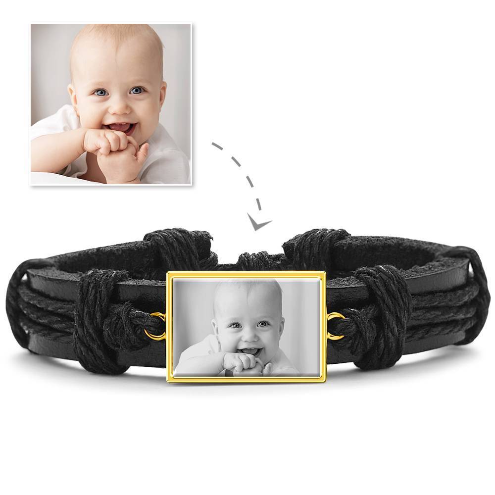 Photocopying Black Leather Square-shaped Photo Bracelet 14K Gold Plated