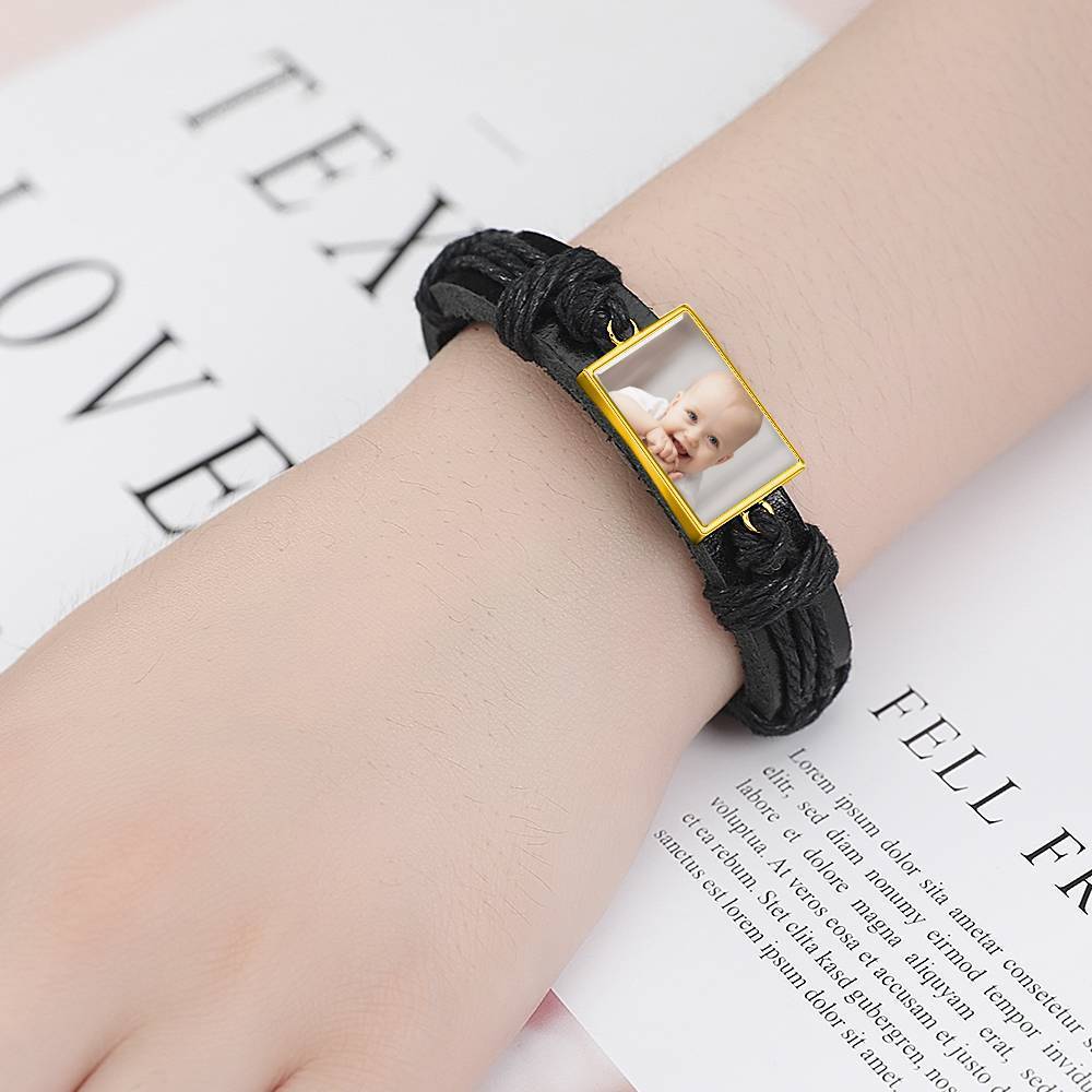 Colorful Black Leather Square-shaped Photo Bracelet 14K Gold Plated