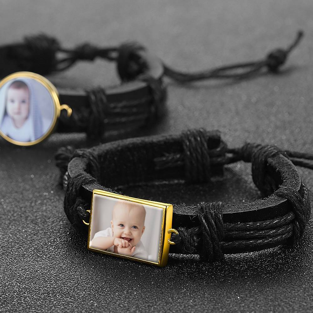 Colorful Black Leather Square-shaped Photo Bracelet 14K Gold Plated