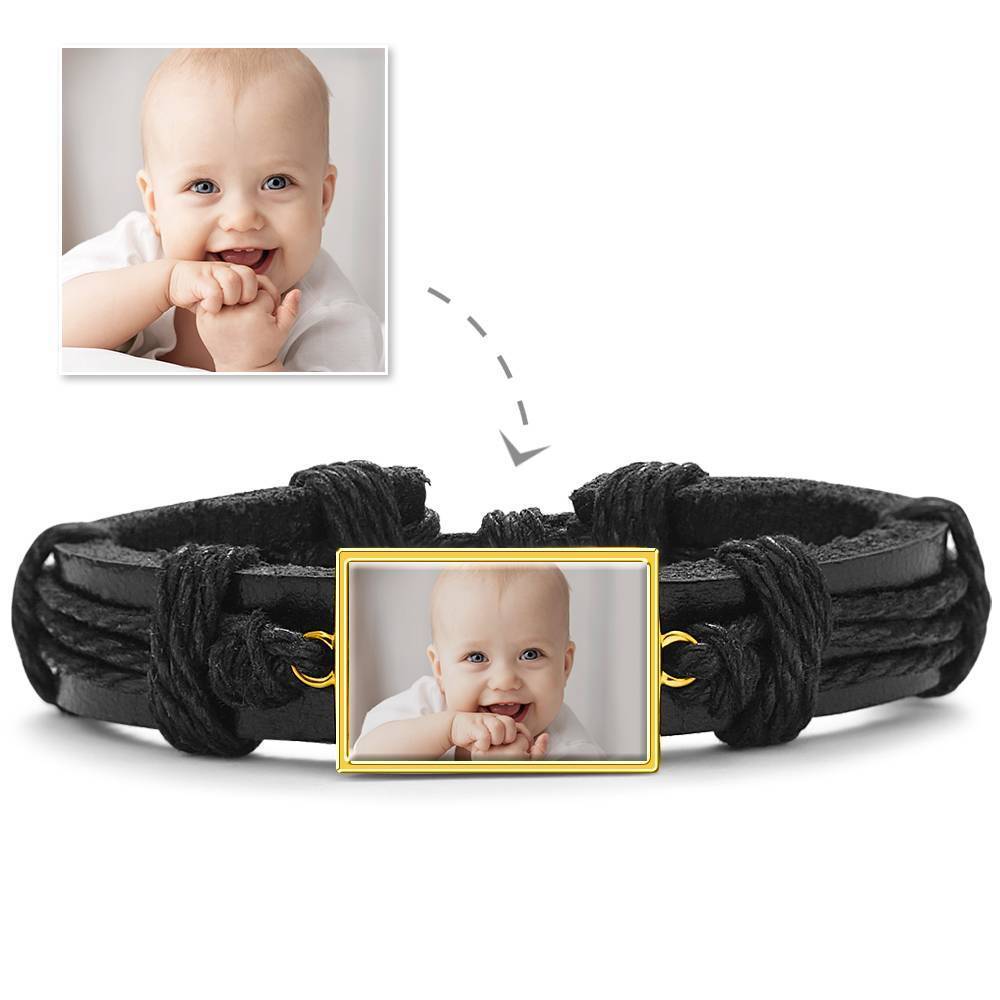 Colorful Black Leather Square-shaped Photo Bracelet 14K Gold Plated