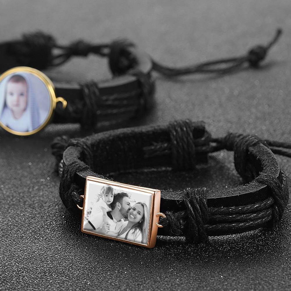 Photocopying Black Leather Square-shaped Photo Bracelet Rose Gold Plated