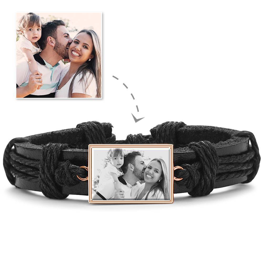 Photocopying Black Leather Square-shaped Photo Bracelet Rose Gold Plated