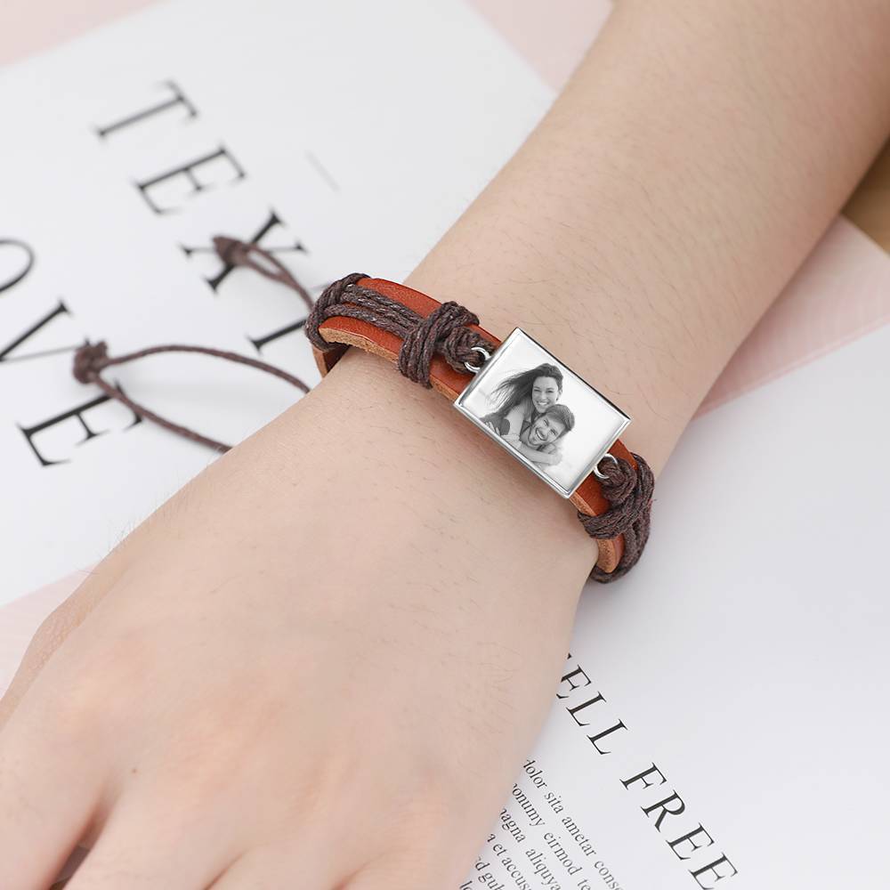 Photocopying Brown Leather Square-shaped Photo Bracelet Silver Plated