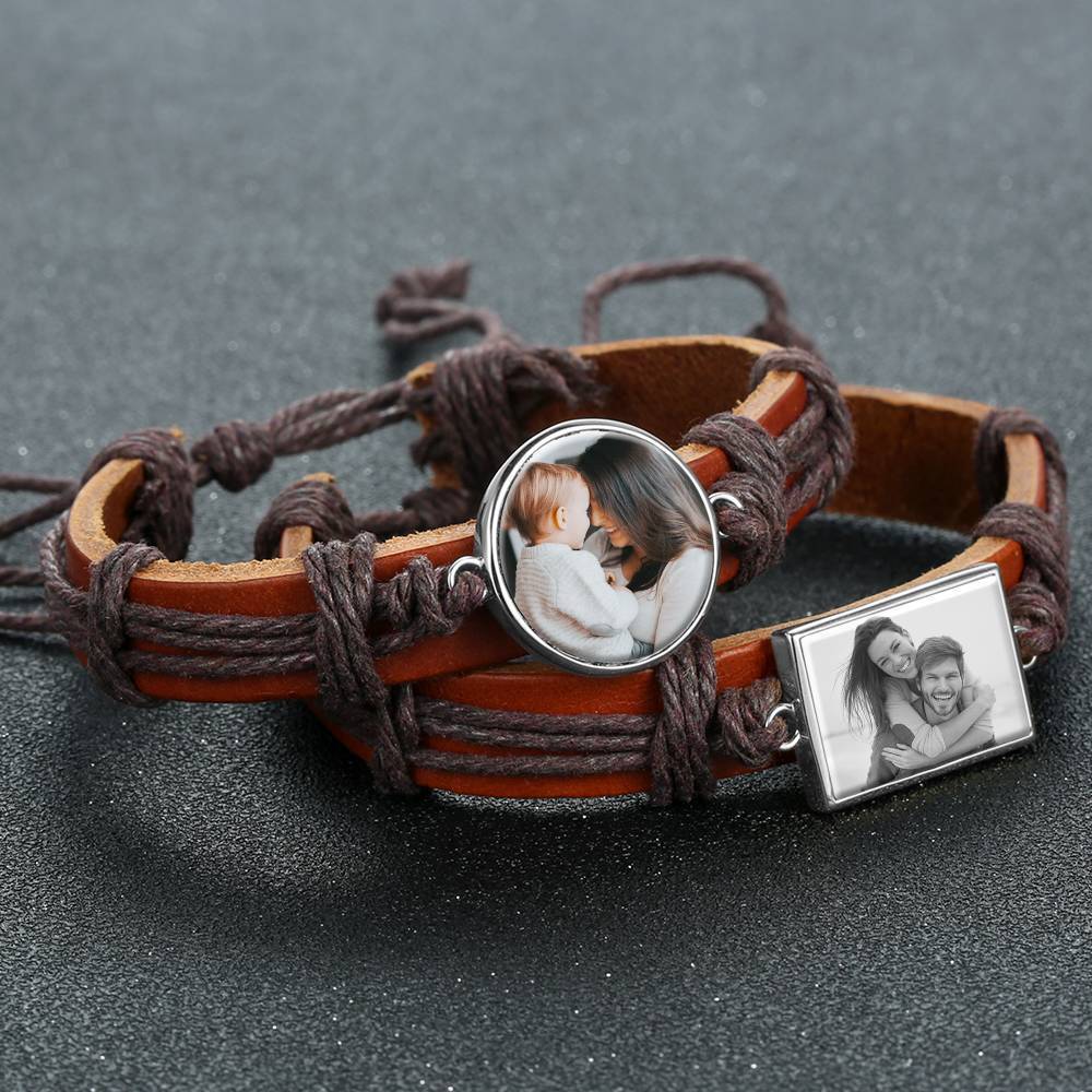 Photocopying Brown Leather Square-shaped Photo Bracelet Silver Plated