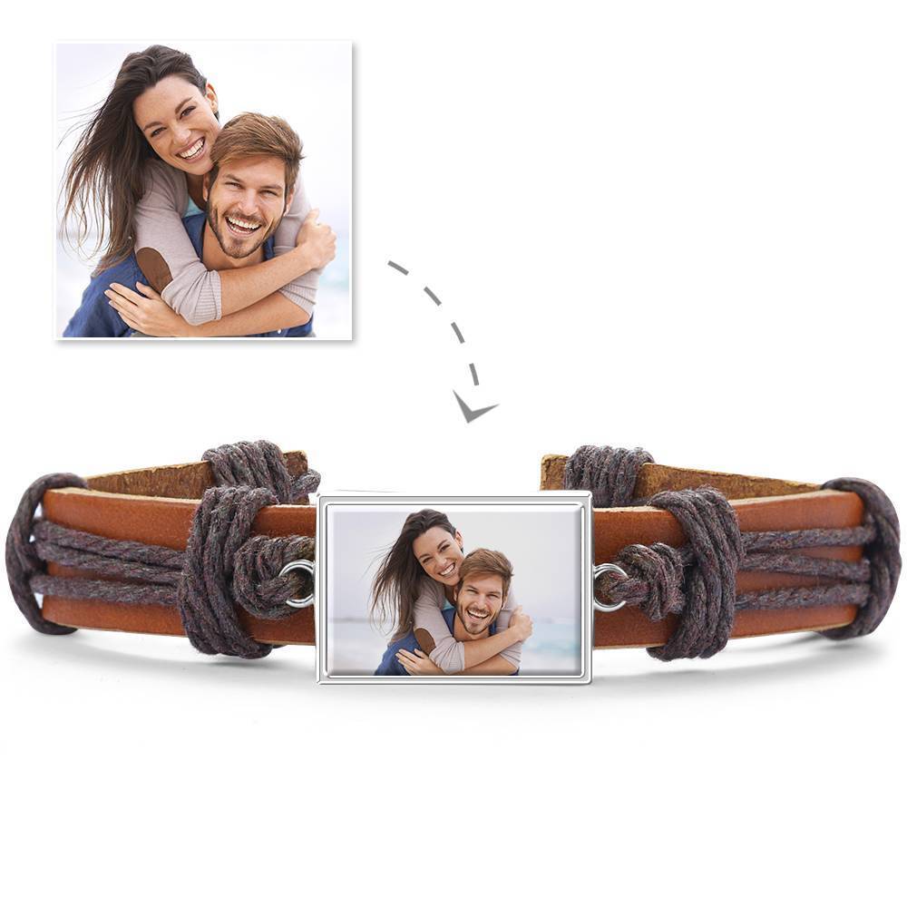 Colorful Brown Leather Square-shaped Photo Bracelet Silver Plated 