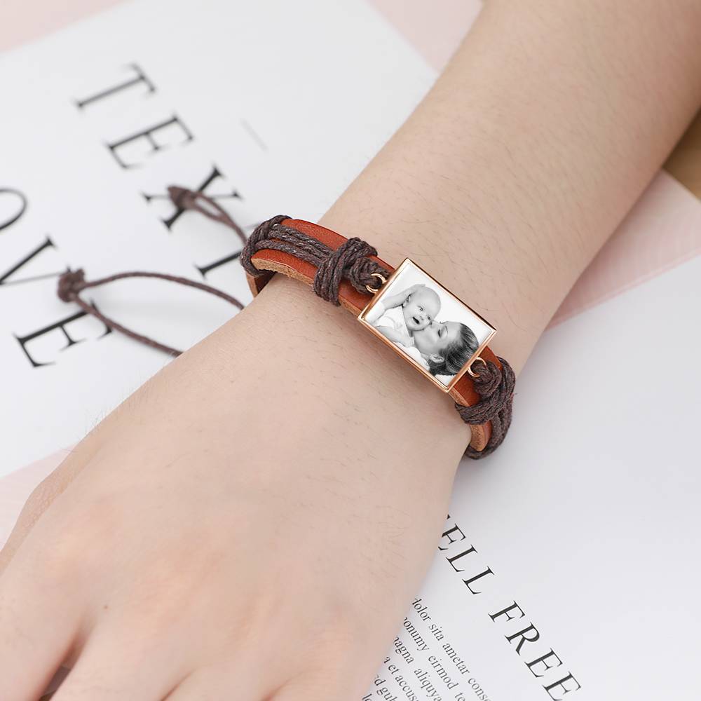 Photocopying Brown Leather Square-shaped Photo Bracelet Rose Gold Plated