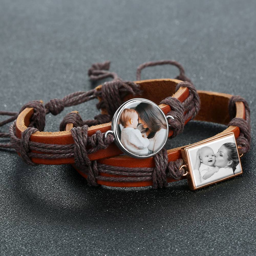 Photocopying Brown Leather Square-shaped Photo Bracelet Rose Gold Plated