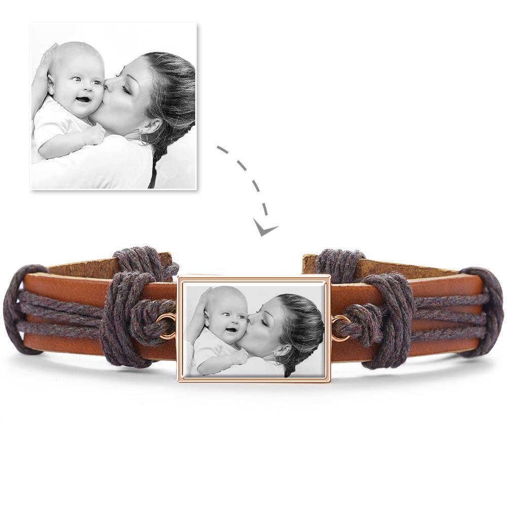 Photocopying Brown Leather Square-shaped Photo Bracelet Rose Gold Plated
