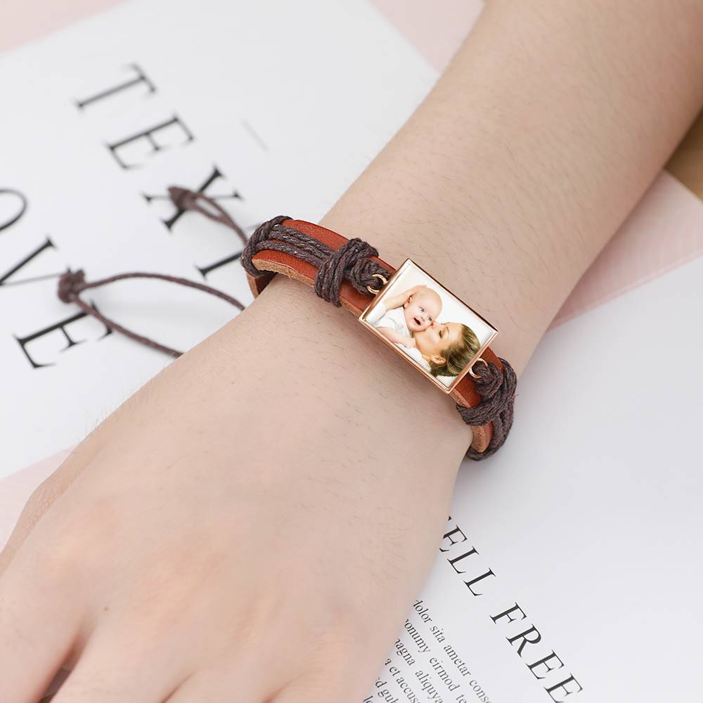 Colorful Brown Leather Square-shaped Photo Bracelet Rose Gold Plated