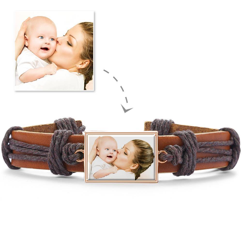 Colorful Brown Leather Square-shaped Photo Bracelet Rose Gold Plated