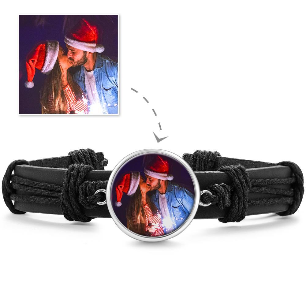 Colorful Black Leather Round-shaped Photo Bracelet Silver Plated